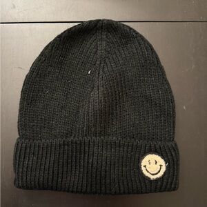 Black Knit Beanie with Smiley Face Patch